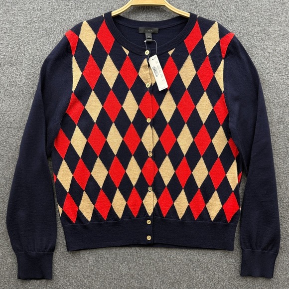 J. Crew Sweaters - J Crew Sweater Womens XL Blue Jackie Cardigan Argyle Merino Wool Lightweight NWT